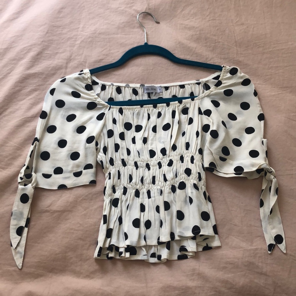 Polka dot off the shoulder blouse by With Jean